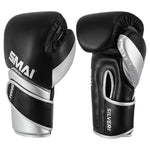 Front and back view of black and silver SMAI Silver Series Boxing Glove - Black/Silver, designed with enhanced wrist support.
