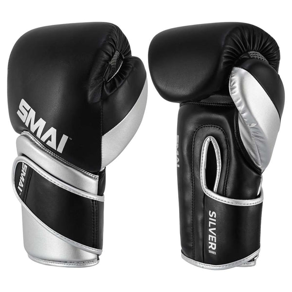 Front and back view of black and silver SMAI Silver Series Boxing Glove - Black/Silver, designed with enhanced wrist support.