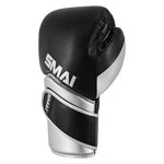 SMAI Silver Series Boxing Glove in black and silver featuring a hook-and-loop wrist strap for added wrist support.