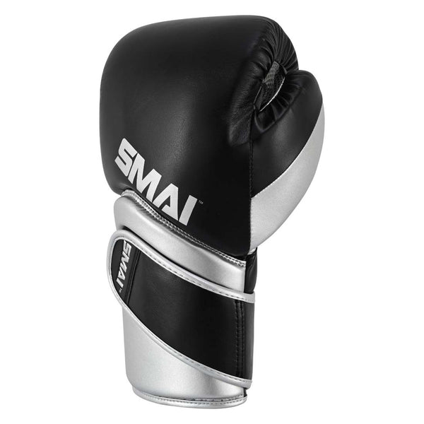 SMAI Silver Series Boxing Glove in black and silver featuring a hook-and-loop wrist strap for added wrist support.