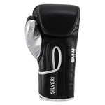 SMAI Silver Series Boxing Glove - Black/Silver, featuring black material with silver accents, tri-layer shock protection, and text on the wrist support strap.