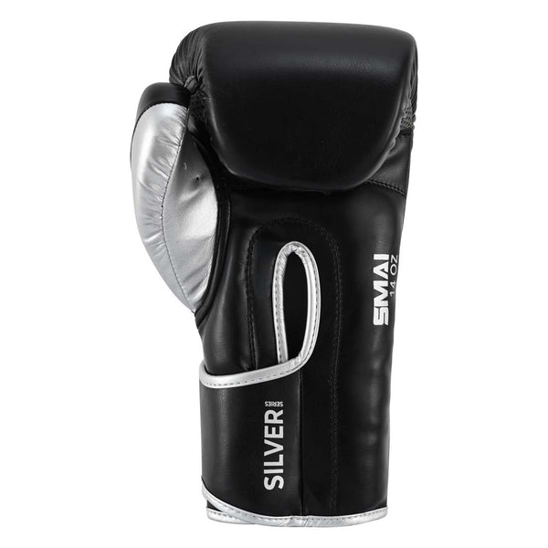 SMAI Silver Series Boxing Glove - Black/Silver, featuring black material with silver accents, tri-layer shock protection, and text on the wrist support strap.