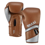 A pair of SMAI Silver Series Boxing Glove - Brown/Silver, with one showing the 14oz palm side and the other showing the branded back, both designed with wrist support.