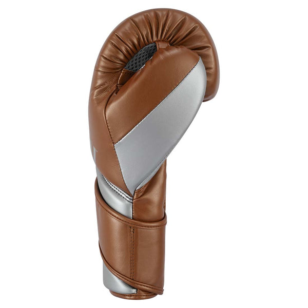 A brown and silver SMAI Silver Series Boxing Glove with wrist support, shown from the side.
