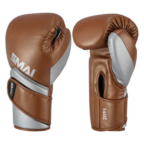 SMAI Silver Series Boxing Glove - Brown/Silver shown from the front and back, featuring 14oz weight and integrated wrist support.