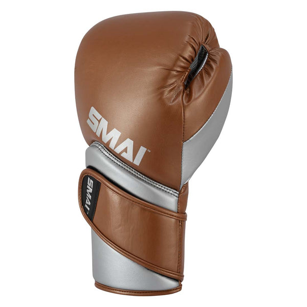 SMAI Silver Series Boxing Glove - Brown/Silver featuring tri-layer shock protection and a hook-and-loop wrist strap.