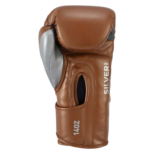 SMAI Silver Series Boxing Glove in brown with silver accents, featuring tri-layer shock protection, “Silver Series” text, and a 14oz label on the wrist.