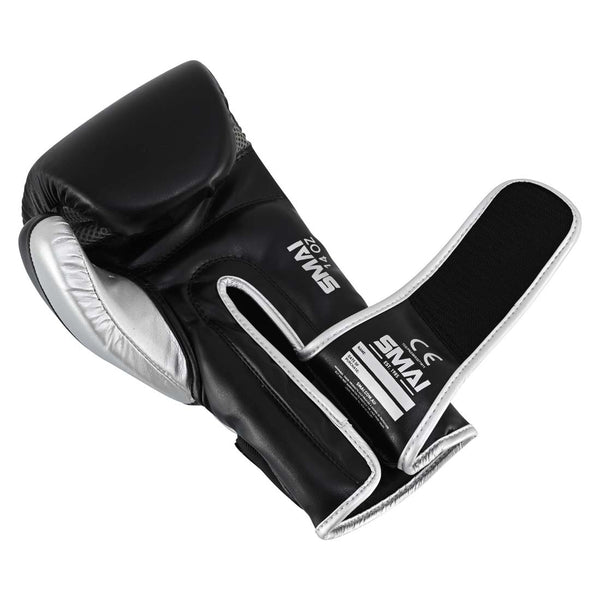 SMAI Silver Series Boxing Glove - Black/Silver shown from the side with the wrist support strap partially open.