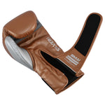 Brown SMAI Silver Series Boxing Glove with silver accents and an open hook-and-loop wrist support.