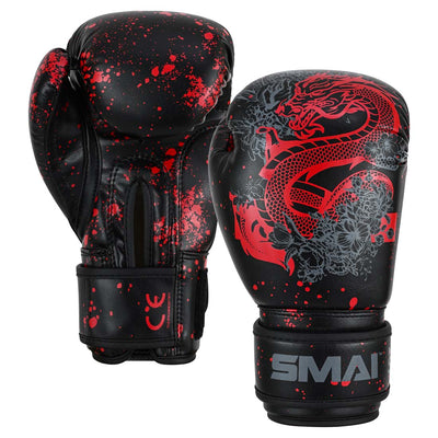 Two black SMAI Essentials Kids Boxing Glove - Red/Black Dragon gloves with red paint splatters, one featuring a large red dragon graphic.