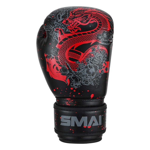 SMAI Essentials Kids Boxing Glove - Red/Black Dragon, featuring a red dragon and floral pattern with a gray-logo wrist strap for added support.