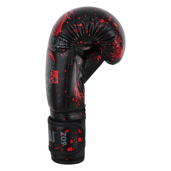 Essentials Kids Boxing Glove - Red/Black Dragon featuring a black base with a red dragon graphic and red paint splatter pattern.