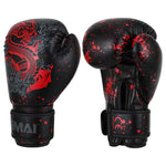 Two black Essentials Kids Boxing Glove - Red/Black Dragon units featuring red dragon artwork and red paint splatter patterns.