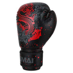 SMAI Essentials Kids Boxing Glove - Red/Black Dragon featuring a red dragon graphic, red paint-splatter accents, and built-in wrist support.