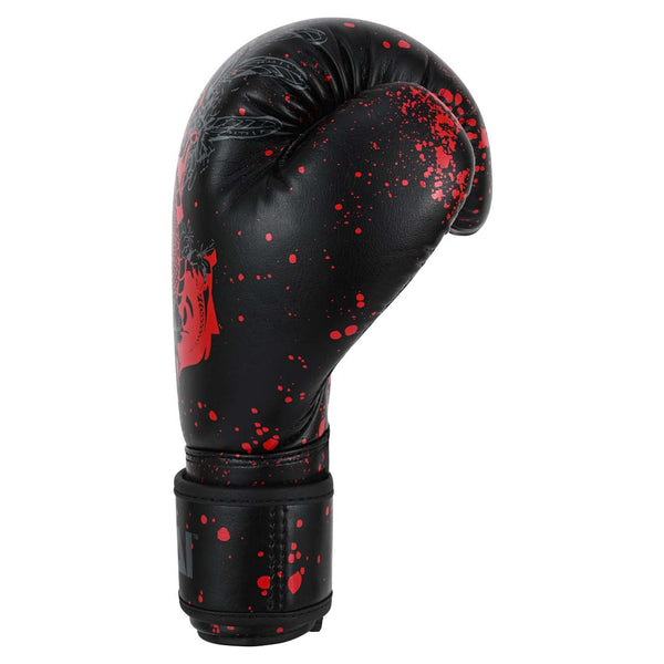 SMAI Essentials Kids Boxing Glove - Red/Black Dragon, featuring black boxing gloves with a red paint splatter pattern and a black dragon graphic on the side.