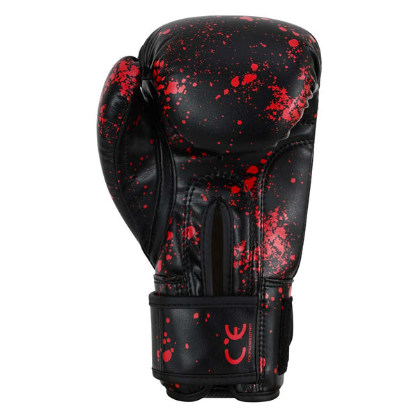 SMAI Essentials Kids Boxing Glove - Red/Black Dragon, featuring black boxing gloves for kids with a red splatter pattern and a wrist strap with CE certification markings.