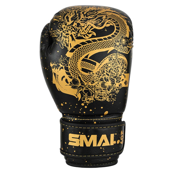SMAI Essentials Kids Boxing Glove - Black/Gold Dragon featuring a gold dragon design and a gold splatter pattern.