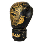 SMAI Essentials Kids Boxing Glove - Black/Gold Dragon, featuring a gold dragon illustration and gold paint splatters on black youth boxing gloves.
