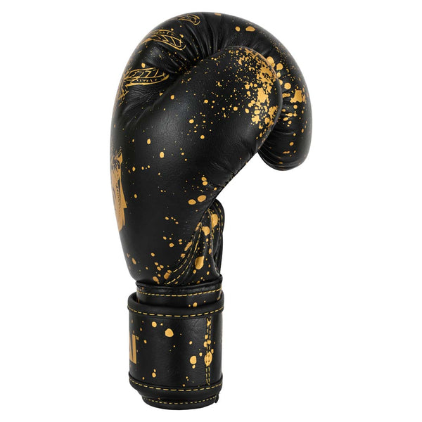 SMAI Essentials Kids Boxing Glove - Black/Gold Dragon featuring a gold dragon design and a gold splatter pattern.