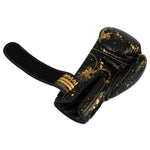 SMAI Essentials Kids Boxing Glove - Black/Gold Dragon, featuring black youth boxing gloves with gold paint splatters and an open wrist strap.