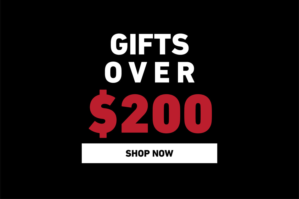 A black background with bold white and red text reading "GIFTS OVER $200" and a white button below saying "SHOP NOW.