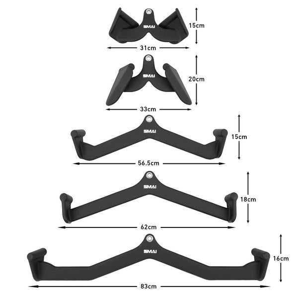 The SMAI Neoprene Cable Machine Attachments Set includes 5 black bars of different shapes and sizes, arranged vertically with width and height labeled in cm. Essential for your gym accessories collection.