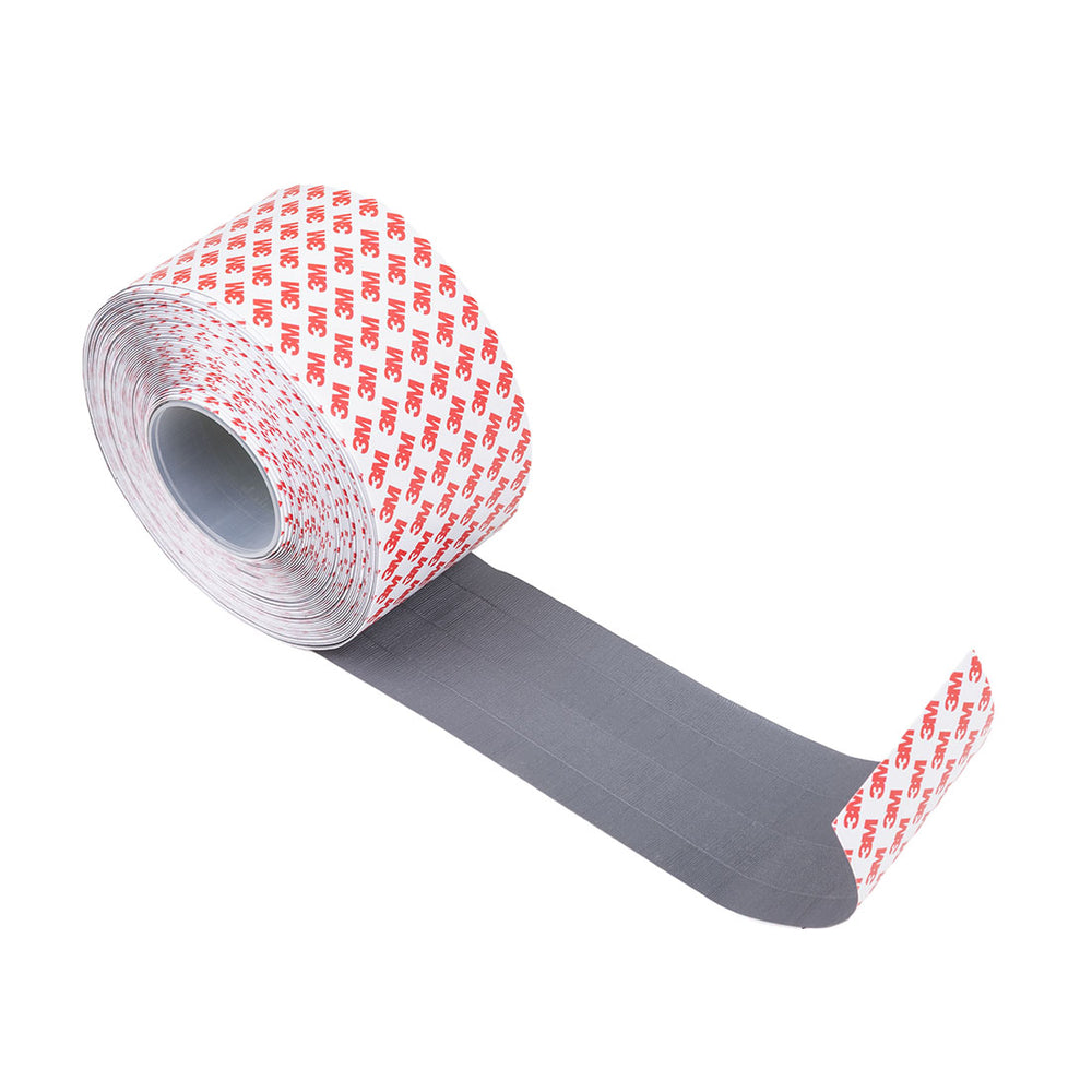 The SMAI Dollamur Flexi-Roll Tatami Seam Tape in dark grey features a gray adhesive side and white backing with red print, ideal for securing Dollamur Flexi-Roll or tatami surfaces.
