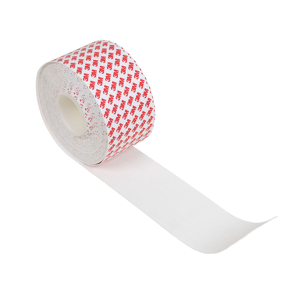 The SMAI Dollamur Flexi-Roll Tatami Seam Tape - White is a roll of adhesive tape, shown partially unrolled on a white background, perfect for securing Dollamur Flexi-Roll mats or other tatami-textured surfaces.