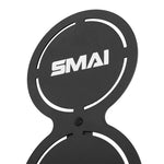 A close-up of the SMAI Double Wall Ball Target from the Vanta Series, featuring a black metal design with cut-outs and "SMAI" displayed in bold white letters at the center of its circular top.