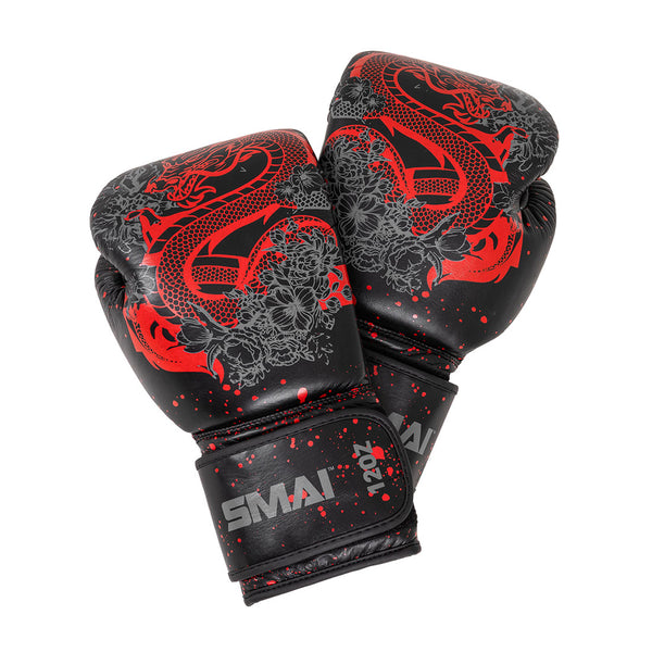The SMAI Boxing Glove - Black Dragon Limited Edition is crafted from black cowhide leather with red and gray dragon and floral designs, visible brand name on the wrist straps, and injection moulded for superior protection and durability.