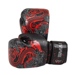 A pair of SMAI Boxing Glove - Black Dragon Limited Edition, made from black cowhide leather with red and gray dragon and floral patterns, are displayed on a white background. The brand name appears on the wrist strap of one glove.