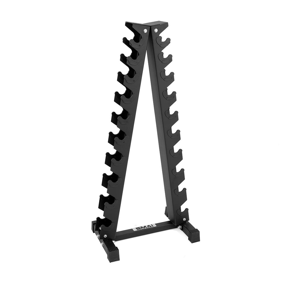 The SMAI Dumbbell Rack - 10 Pair - Black is an A-shaped stand with multiple slots for rubber hex dumbbells. It stands upright on the floor and features a stable base with four rubber feet.