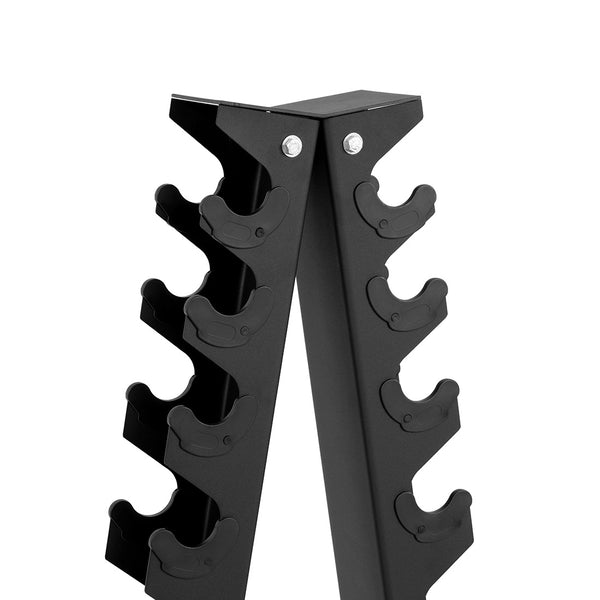 A close-up of the SMAI Dumbbell Rack - 10 Pair - Black, featuring a V-shaped design with multiple curved slots for rubber hex dumbbells, set against a plain white background.