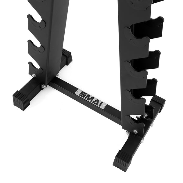 The SMAI Dumbbell Rack - 10 Pair - Black features multiple slots for rubber hex dumbbells and stands vertically. Its base includes a silver plate engraved with the SMAI brand name, all shown against a white background.