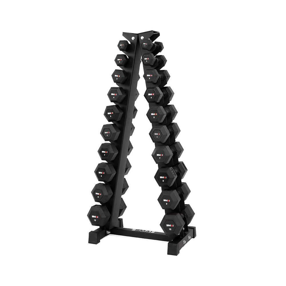The SMAI Dumbbell Rack - 10 Pair - Black displays multiple pairs of rubber hex dumbbells organized by weight, arranged vertically from lightest to heaviest, on a white background.