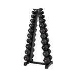 The SMAI Dumbbell Rack - 10 Pair - Black displays multiple pairs of rubber hex dumbbells organized by weight, arranged vertically from lightest to heaviest, on a white background.