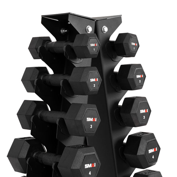 The SMAI Dumbbell Rack - 10 Pair - Black holds multiple pairs of rubber hex dumbbells, each labeled with weights from 1 to 4 kg and marked with the SMAI brand logo.