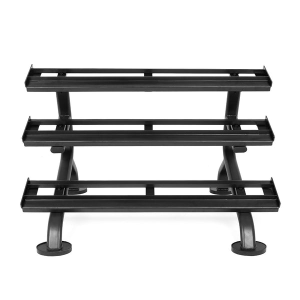 The SMAI 3 Tier Dumbbell Rack - Heavy Duty Commercial Grade features three open rectangular shelves and sturdy legs, perfect for organizing or displaying a rubber hex dumbbell set. Black metal construction shown from the front.