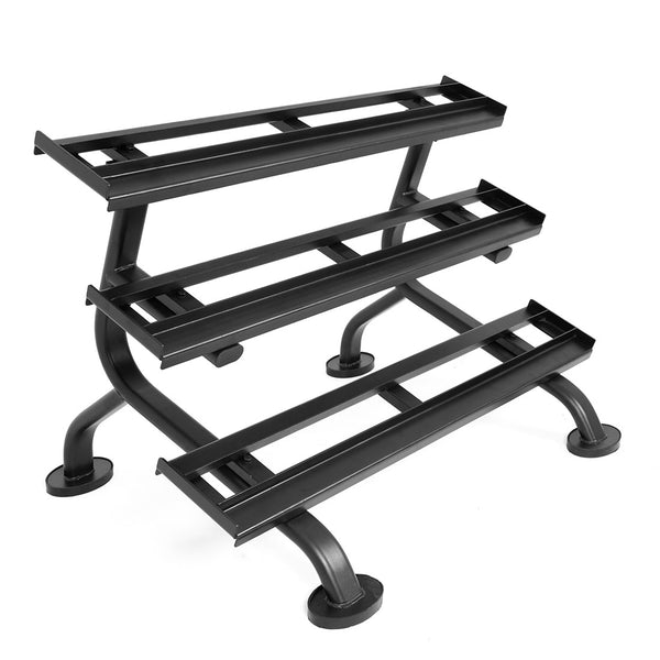 The SMAI 3 Tier Dumbbell Rack - Heavy Duty Commercial Grade features sturdy black metal shelves and legs, ideal for organizing gym dumbbells, rubber hex dumbbells, or other fitness equipment.