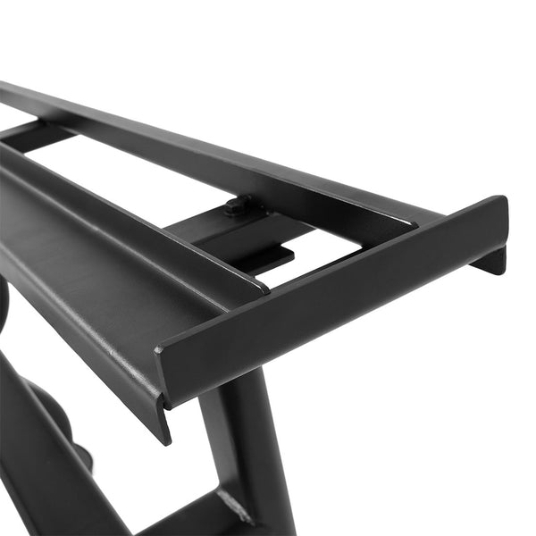 Close-up of the SMAI 3 Tier Dumbbell Rack, a black heavy-duty commercial grade metal rack featuring sturdy horizontal bars and a robust structure for secure storage.