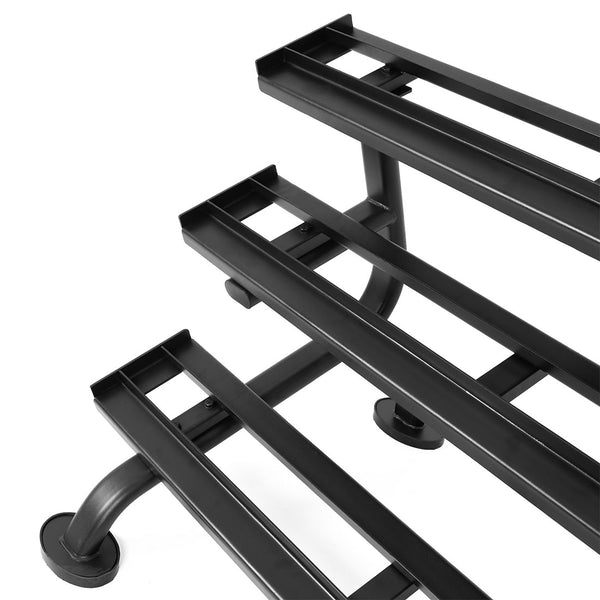 Close-up of the SMAI 3 Tier Dumbbell Rack—Heavy Duty Commercial Grade—with black metal frame, three sturdy shelves, and wheeled legs for easy movement; ideal for storing rubber hex dumbbells in garages or gyms.