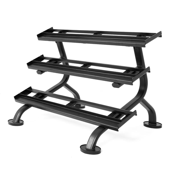 The SMAI 3 Tier Dumbbell Rack - Heavy Duty Commercial Grade features sturdy black metal shelves with an angled design, ideal for organizing rubber hex dumbbells, and stands stable on four round, flat feet.