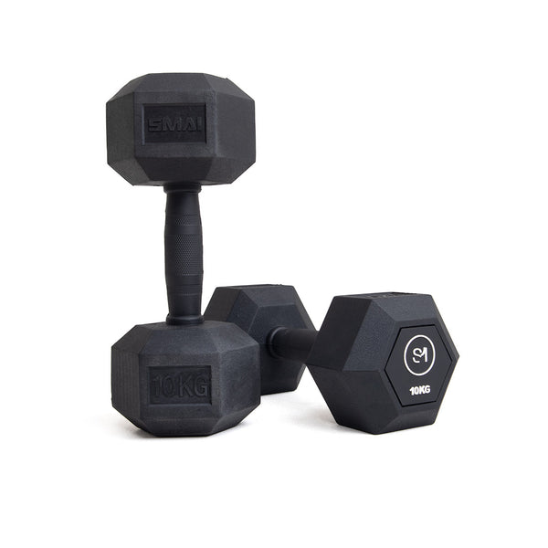 Sweat1000 Rubber Hex Dumbbell 30kg (Pair) One standing up one lying down