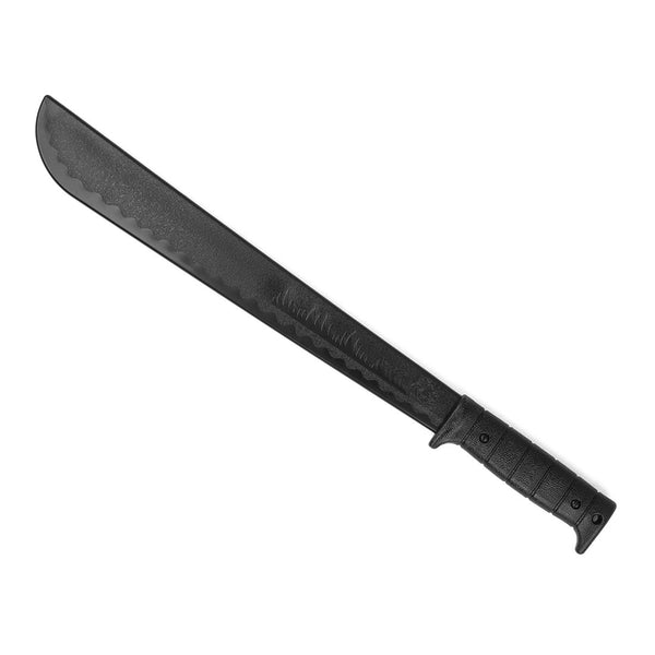 Introducing the SMAI Machete - Unbreakable, the perfect tool for martial arts training. This black machete boasts a textured blade and a ridged handle for superior grip. Its slightly curved tip enhances control, while rivets provide enhanced durability. Set against a white background, this machete is designed to endure even the most rigorous practice sessions.