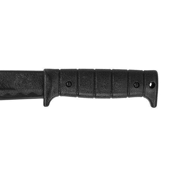 A close-up view of the black handle from the SMAI Machete - Unbreakable, crafted from durable polypropylene, reveals a textured grip secured with two screws. The design also includes a hole at the end, suitable for attaching a lanyard, enhancing its utility as an ideal martial arts tool.