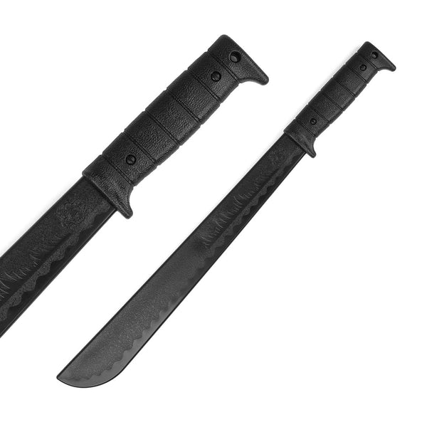 A product from SMAI called the "Machete - Unbreakable" is displayed, featuring a black training weapon with a textured handle. The design boasts a straight blade and a simple, rugged appearance. The image showcases two perspectives: one displaying the full length of this durable polypropylene tool, and another focusing on the handle and upper blade.