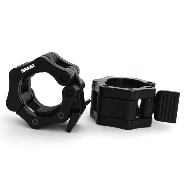 A pair of black barbell collars featuring locking mechanisms, made from premium rubber to ensure durability during Olympic lifts, compatible with the 165kg HD Bumper Plate Set Inc 15kg Barbell by Sale Item. One collar is shown open and the other closed, highlighting the sturdy hinge and locking lever design.