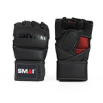 A pair of SMAI Elite85 MMA Gloves in black cowhide leather, featuring red interior accents and the “SMAI” branding on the wrist straps, is displayed from both palm and backhand views against a white background.