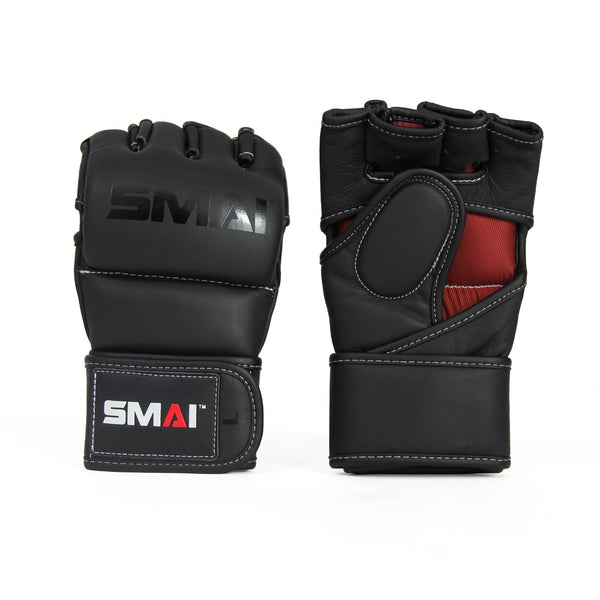 A pair of SMAI Elite85 MMA Gloves in black cowhide leather, featuring red interior accents and the “SMAI” branding on the wrist straps, is displayed from both palm and backhand views against a white background.