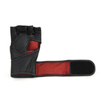 The SMAI Elite85 MMA Gloves - Black, featuring a black and red fingerless design with a padded wrist strap and crafted from durable cowhide leather, are laid open on a white background.